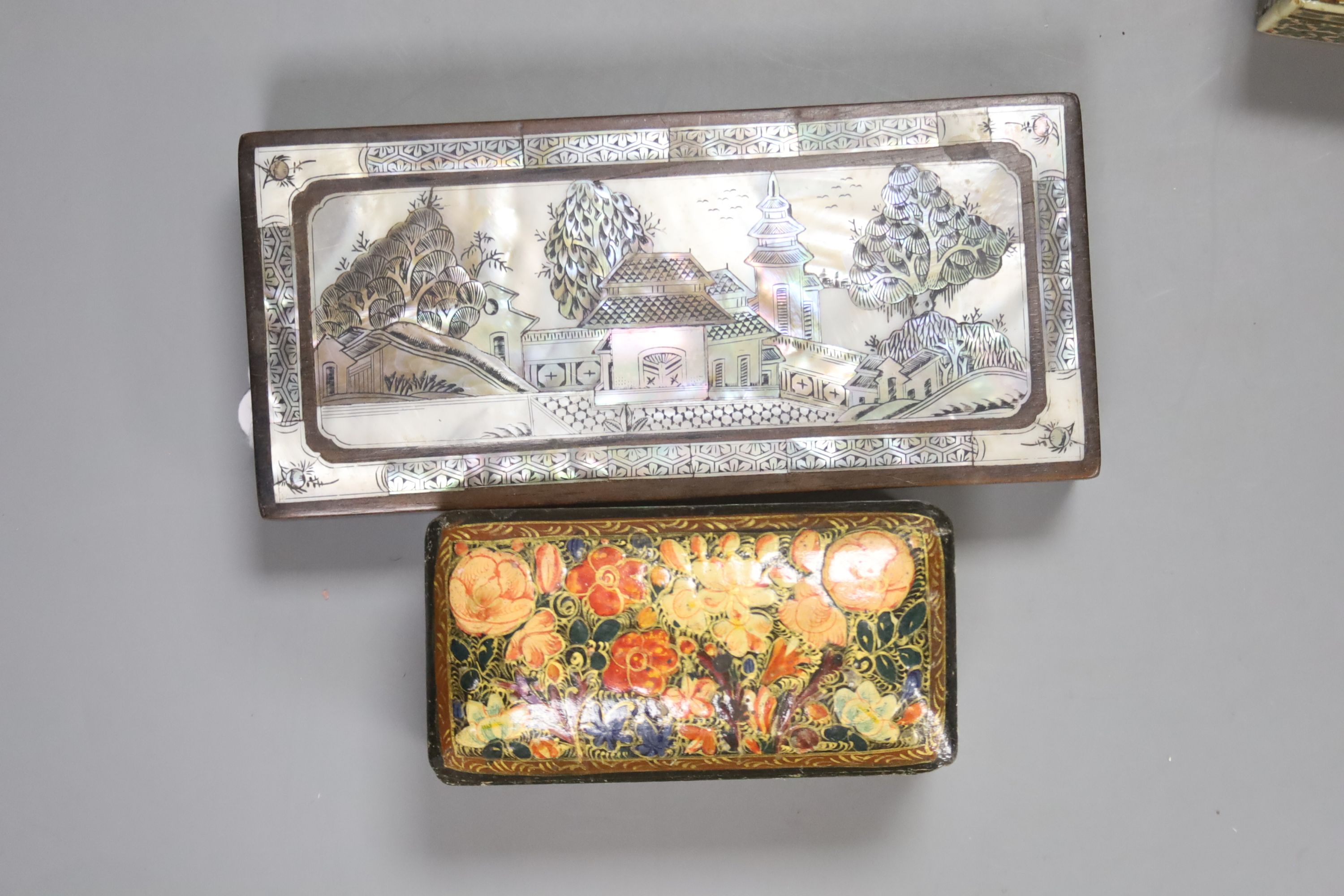 Four Persian painted lacquer boxes and four others